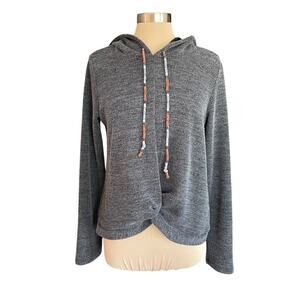Hem & Thread Marled Gray Rib Knit Hooded Pullover Top Twist Front LARGE Cozy